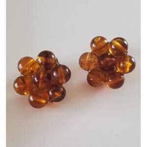 Vintage Amber Flower Earrings Lucite Beads Flower Clip On Handmade